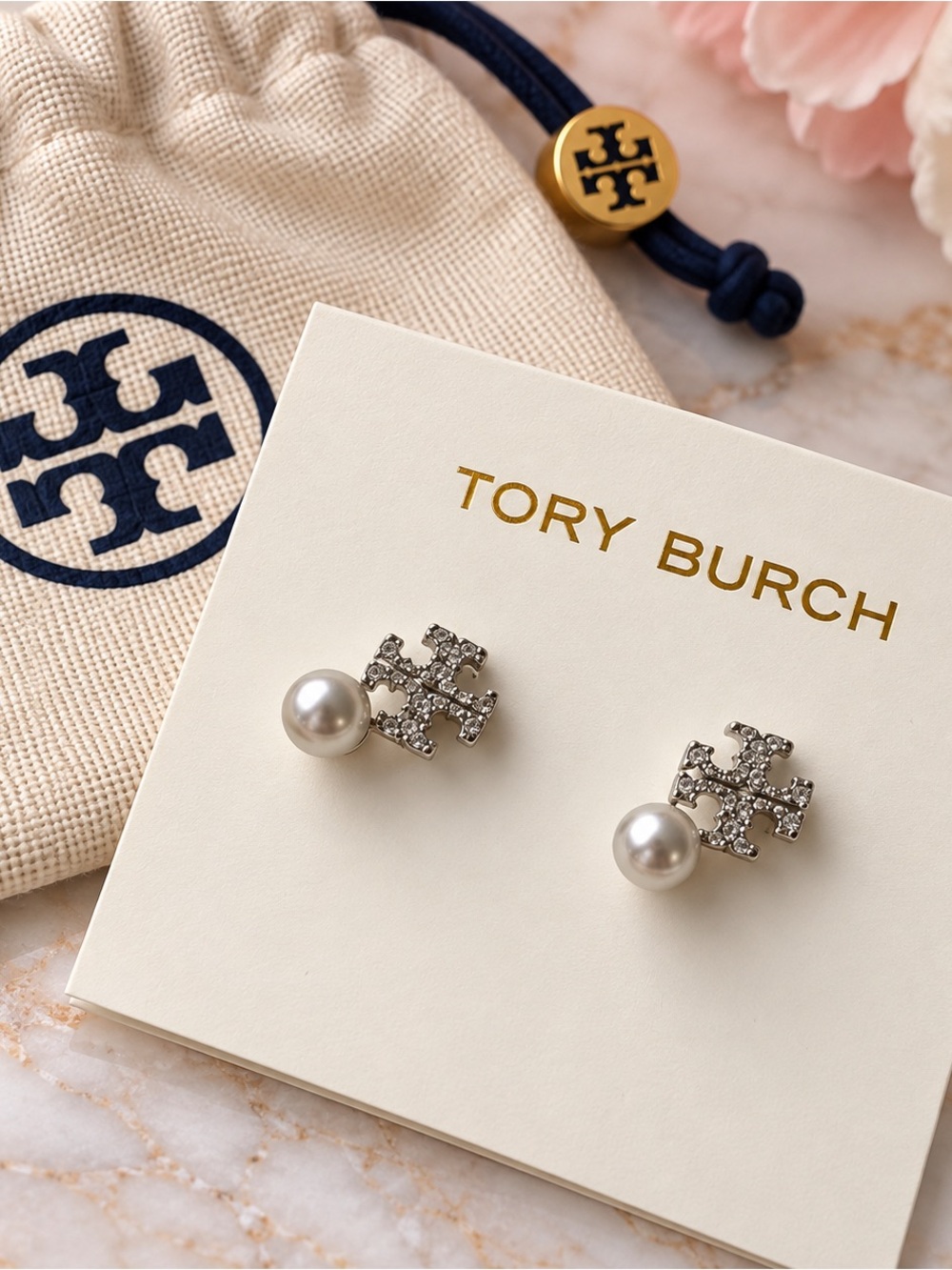 Tory Burch Silver Crystal Logo and Pearl Drop Earrings